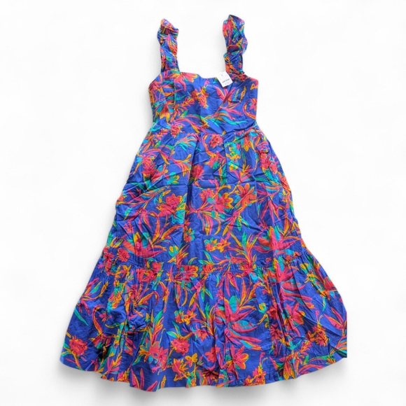 J. Crew Colorful Tropical Square Neck Ruffled Midi Smocked Cotton Dress 4 NWT - Picture 6 of 14
